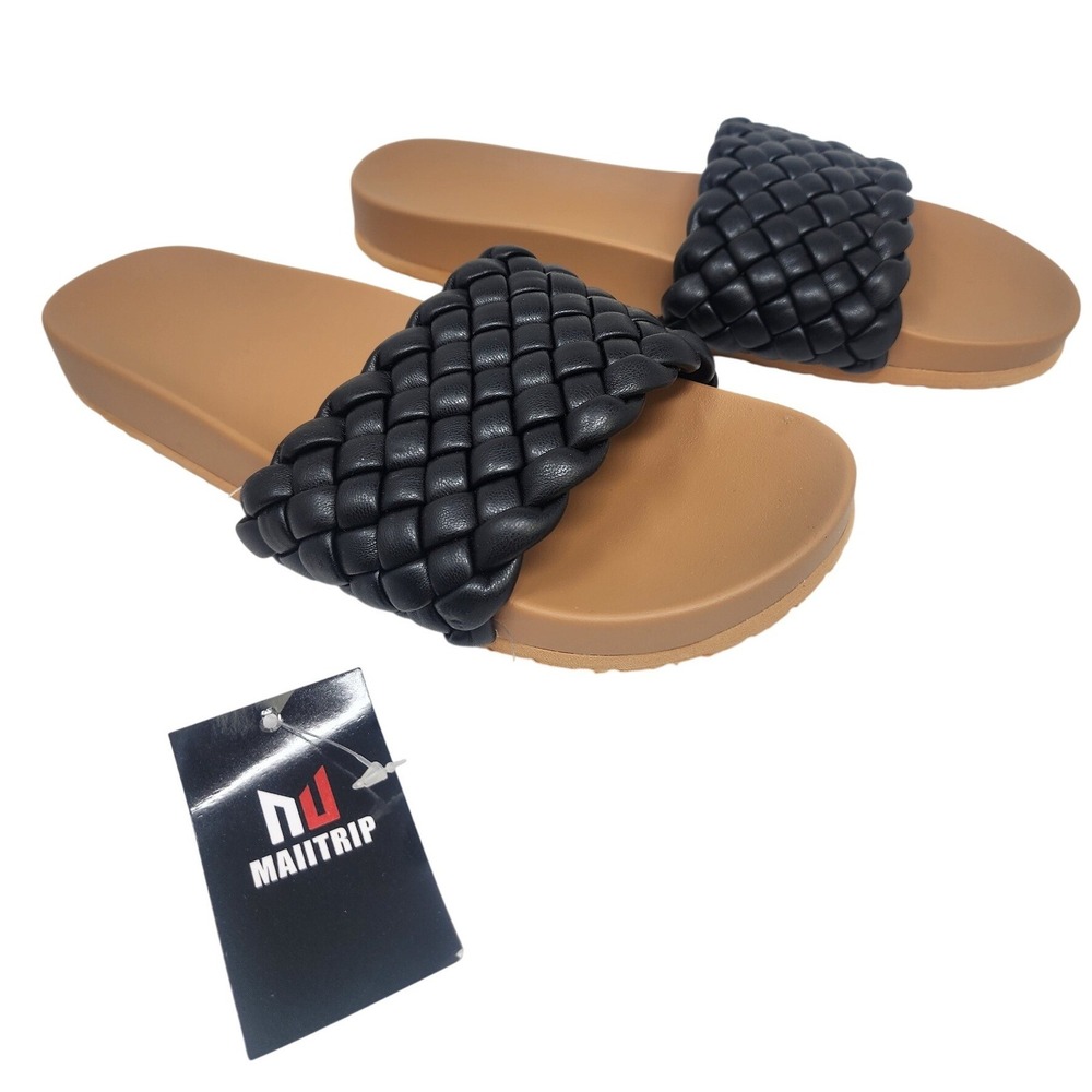 Maiitrip Womens Braided Slide Sandals Black Tan Woven Strap Slip On Size 6 NWT‎